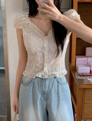 Shirring Embroidered Lace Blouse