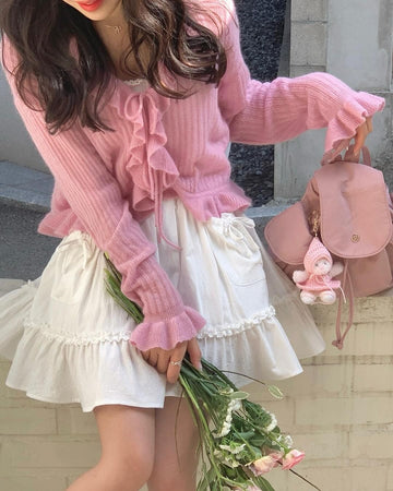 Korea Ribbon Twins Pocket Frills Skirt (In Stock)